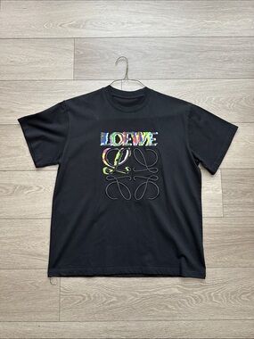 Loewe Black T‑Shirt with Multicolor Logo and Embossed Anagram